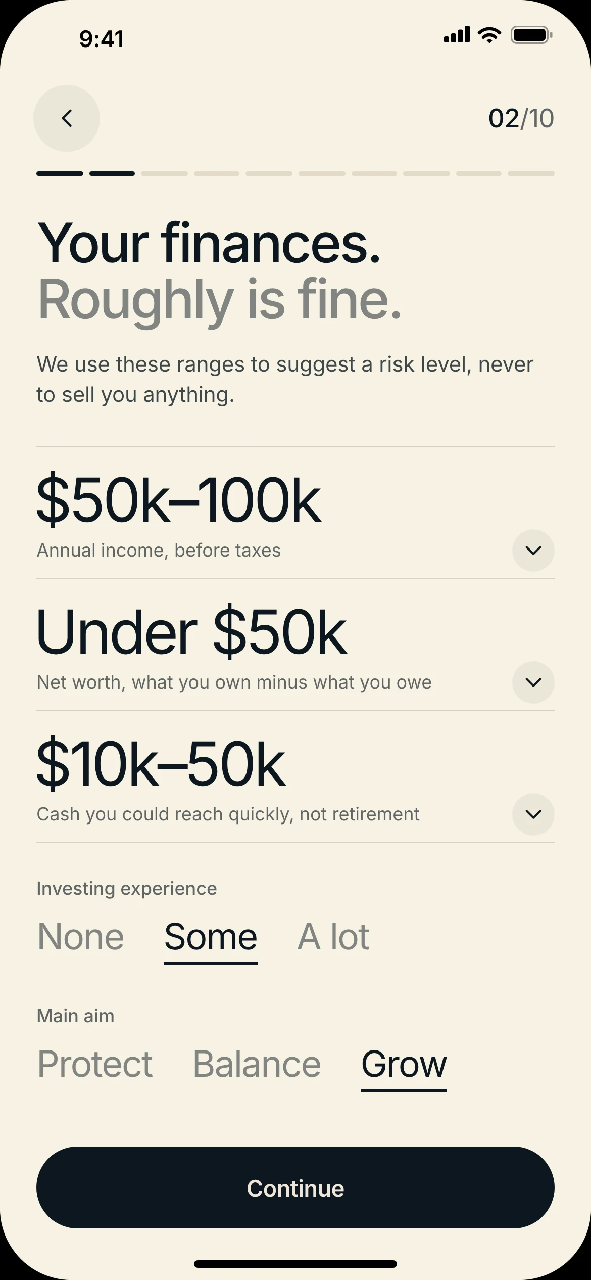 Finances, step 2 of 10, on paper: income, net worth and cash as range rows, and experience and main aim as word choices