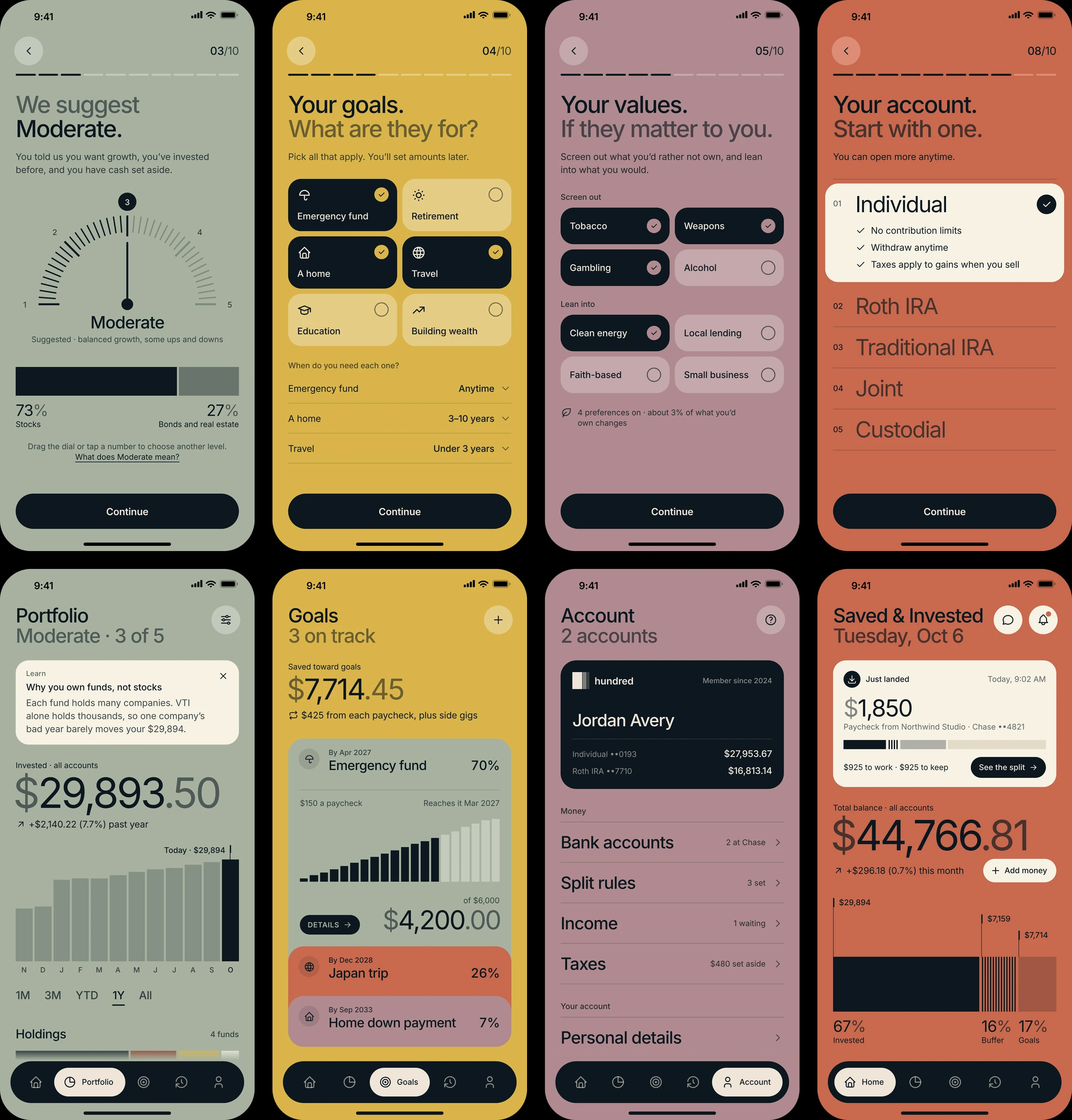 Four sign-up choices on sage, mustard, mauve and clay above the four app tabs in the same colors