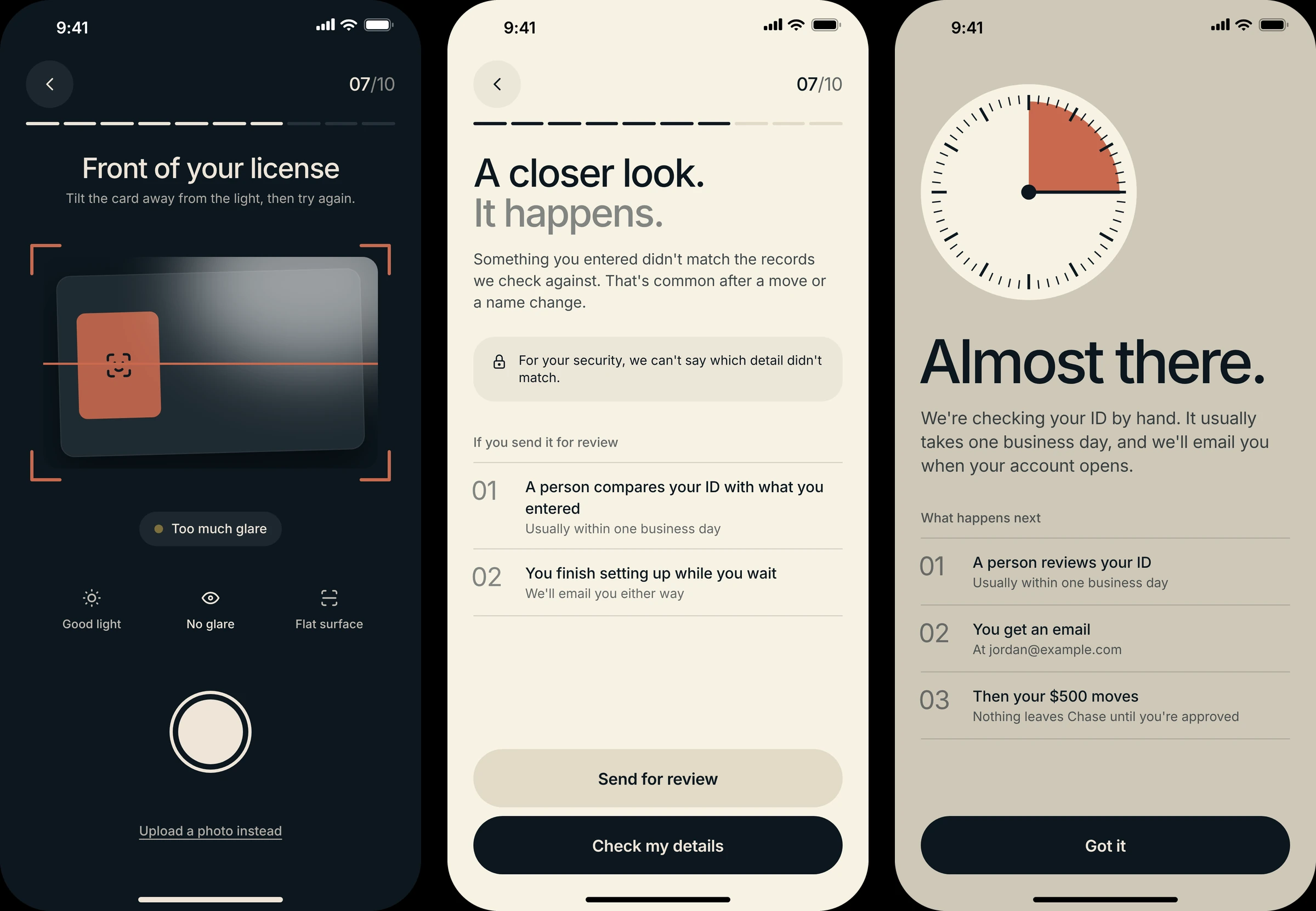 ID scan with too much glare, a closer-look screen, and an in-review screen with a clock face