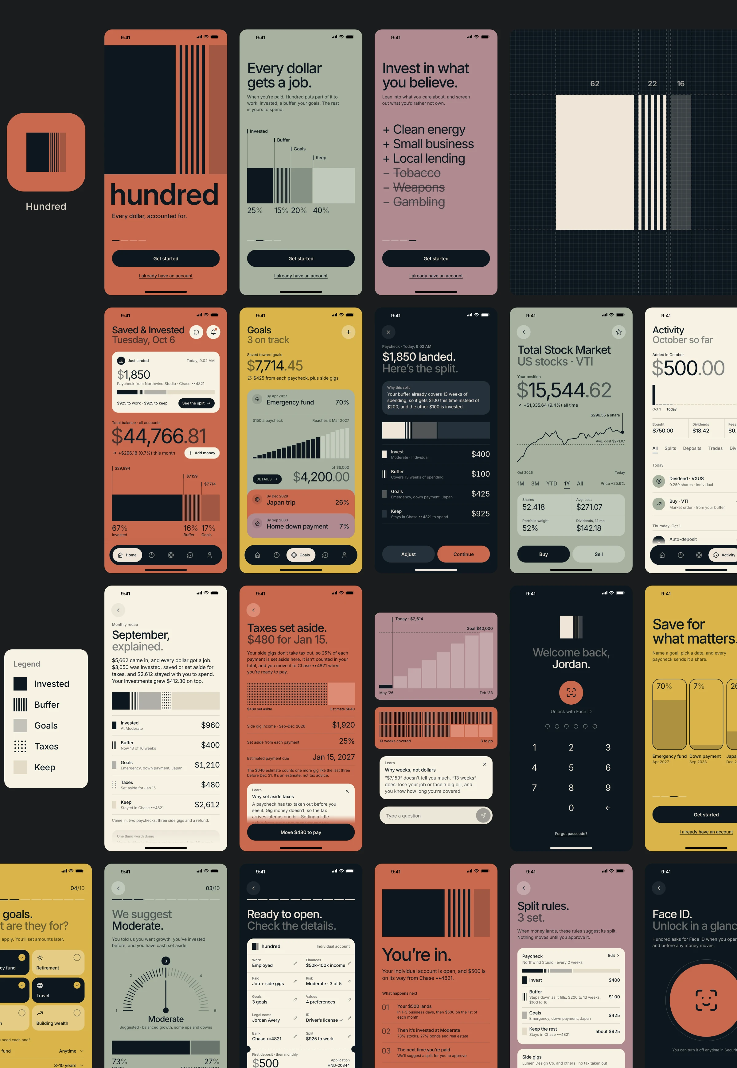 The Hundred identity across the app, on a dark ground: the clay app icon; the launch screen and intro pages; the mark on its construction grid; Home, Goals, the paycheck split, a holding and Activity; the monthly recap, taxes, a goal chart, the buffer in weeks and other components; the unlock screen and the legend; and a row with the goals step of sign-up, the suggested risk level, the review ticket, Done with the mark, split rules and Face ID