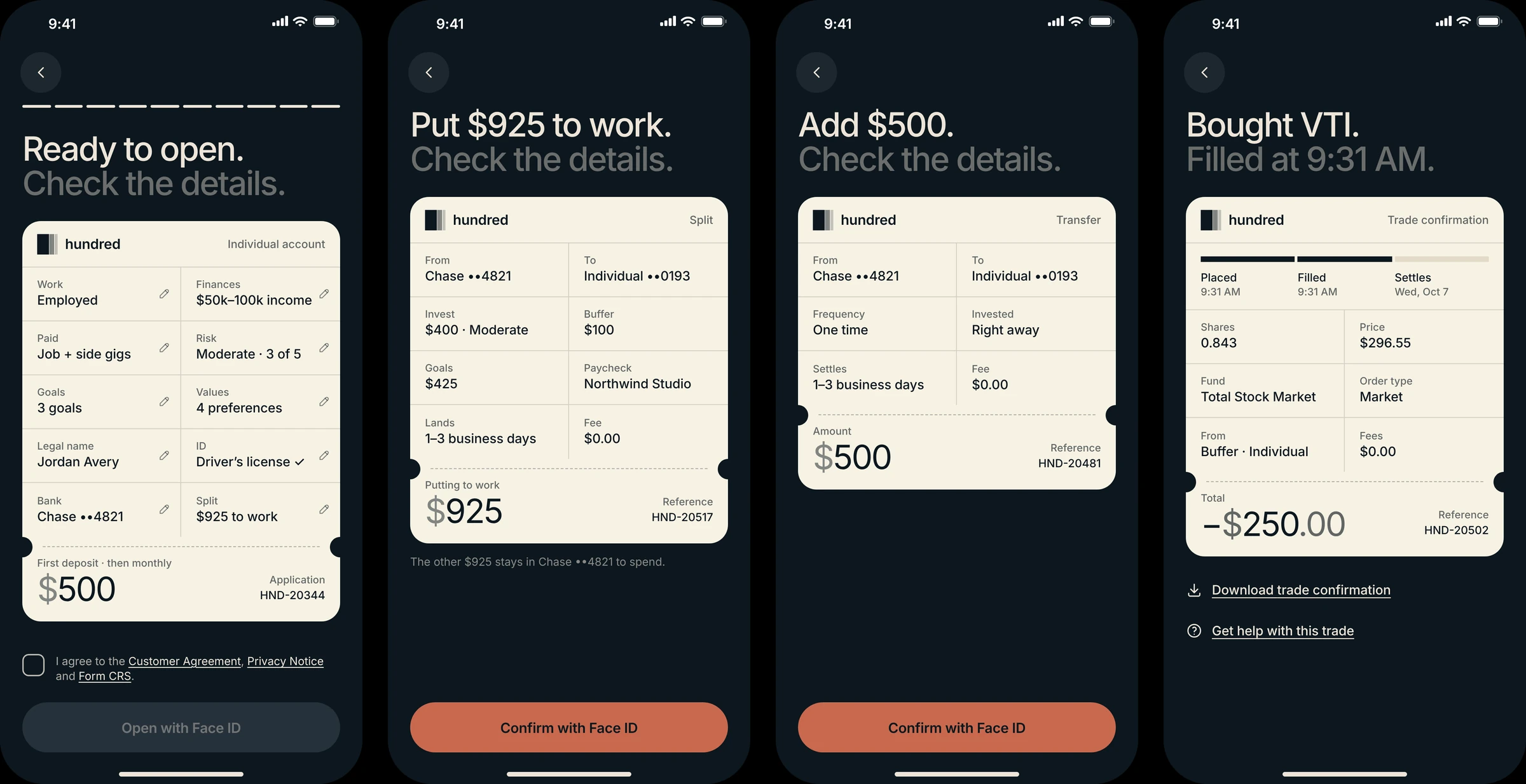 Four tickets on ink: the sign-up review, a paycheck split, a transfer review and a trade confirmation