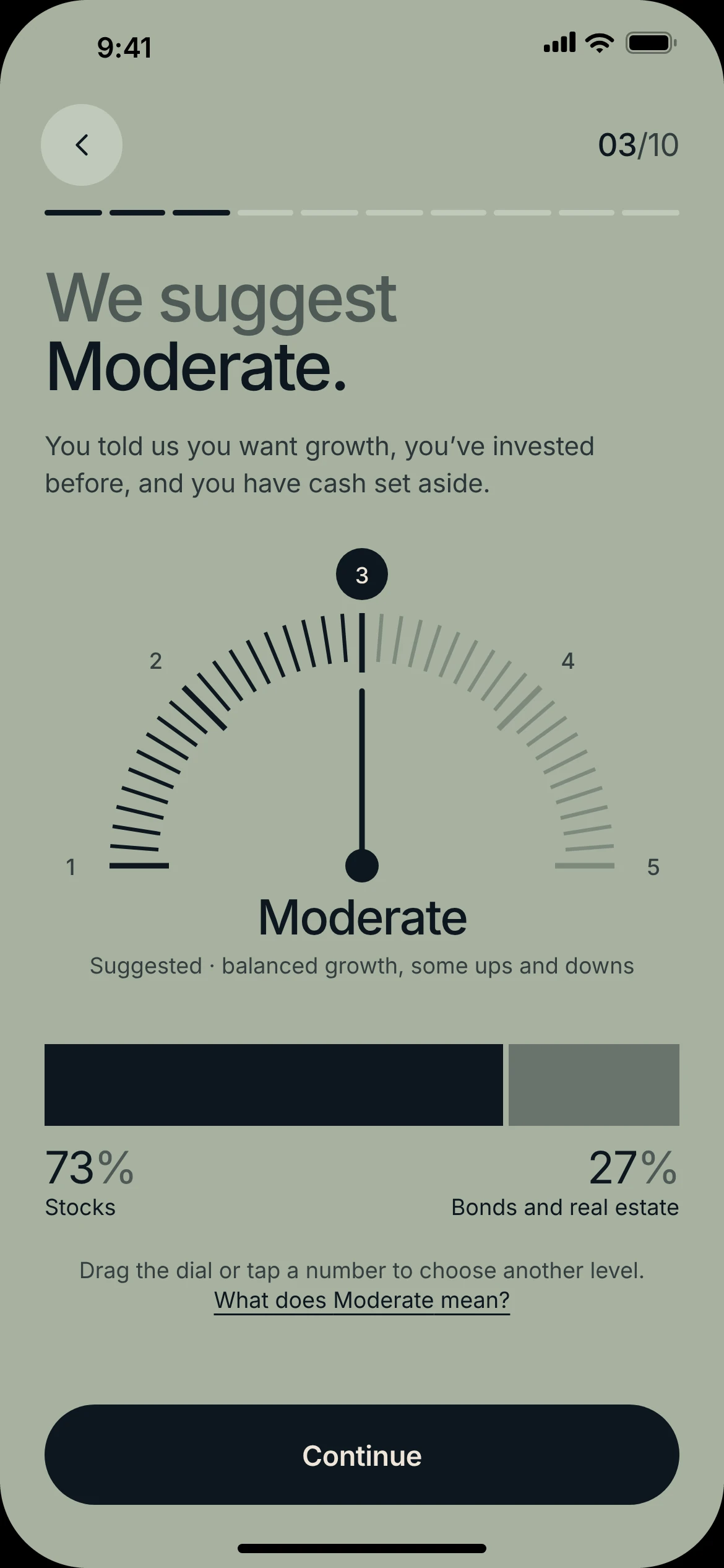 Risk step on sage: We suggest Moderate, the reason from earlier answers, a dial to change it and a link to what Moderate means