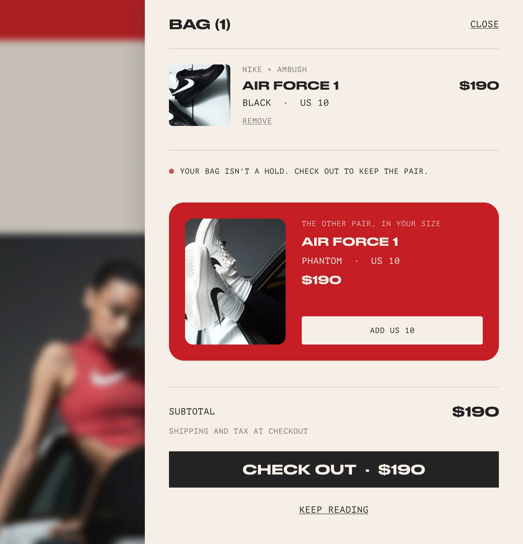 The bag drawer over the live page: BAG (1) with the Air Force 1 in black, US 10, $190, the note Your bag isn’t a hold, check out to keep the pair, a red card offering the other pair in your size, the Phantom in US 10 with an Add US 10 button, the subtotal and CHECK OUT · $190