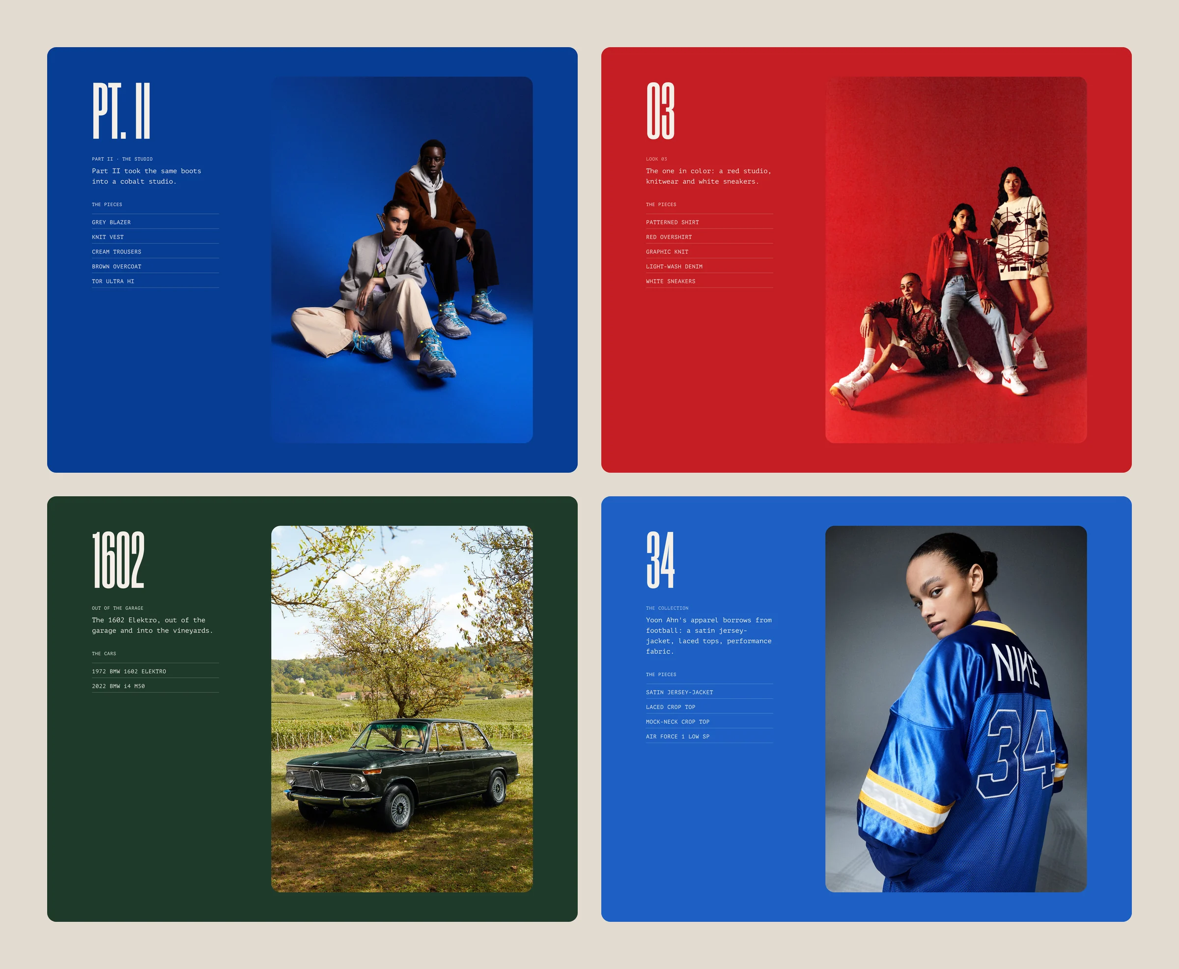 Four color cards on the page color, each with a large numeral, a short caption, a ruled list and a photograph: PT. II on cobalt with two models in the blue studio; 03 on red with three models on the red set; 1602 on racing green with the BMW 1602 Elektro under a tree; and 34 on royal blue with a model in the NIKE 34 satin jersey