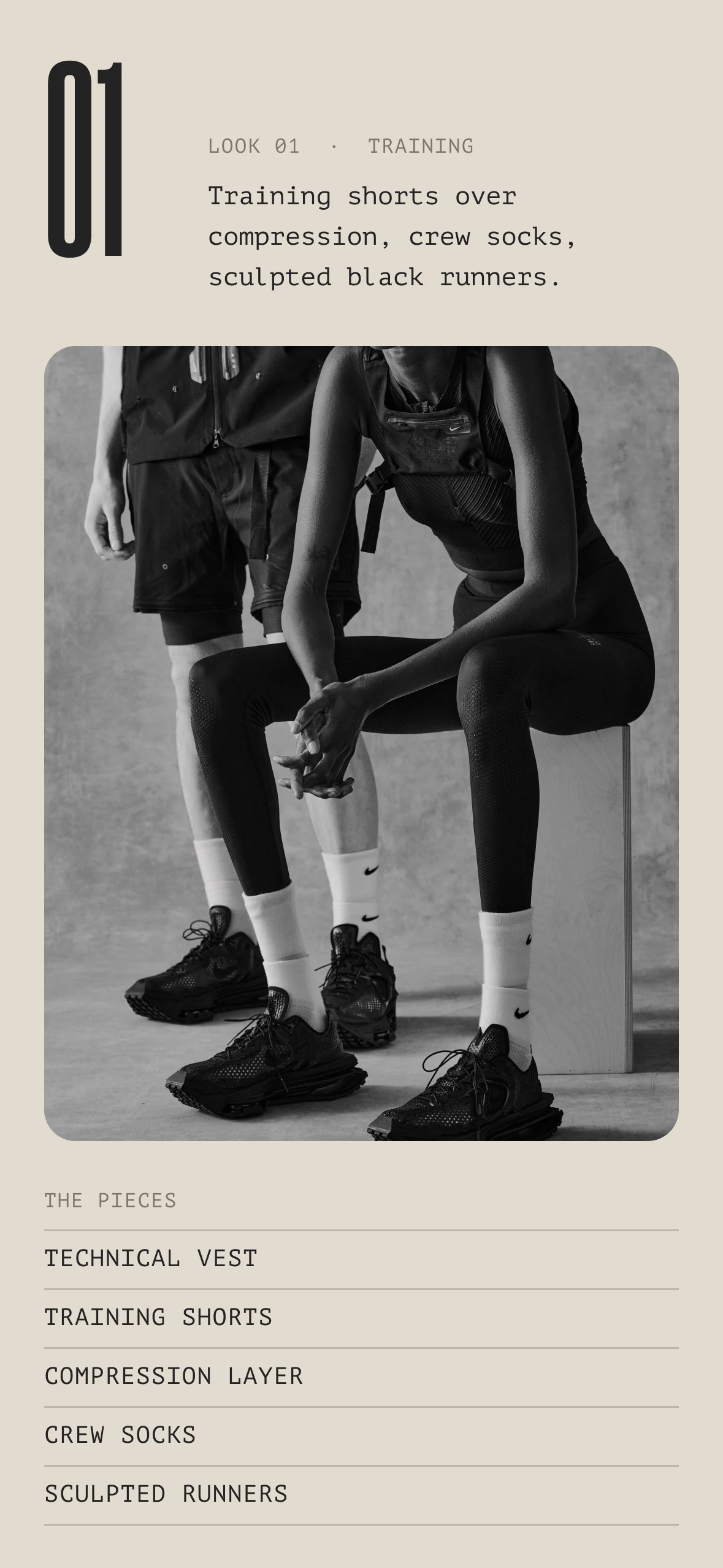 Phone, the Summer Lookbook’s first look: a large 01 with its label and caption beside it, a black-and-white photograph and the list of pieces