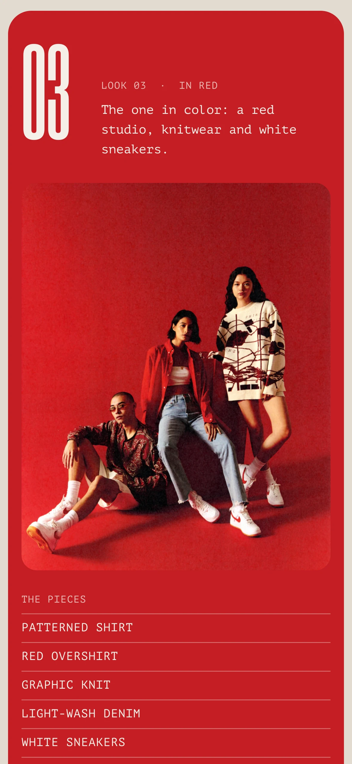 Phone, the lookbook’s third look on a red panel: a large 03 in cream with its caption beside it, the photograph on the red set and the pieces
