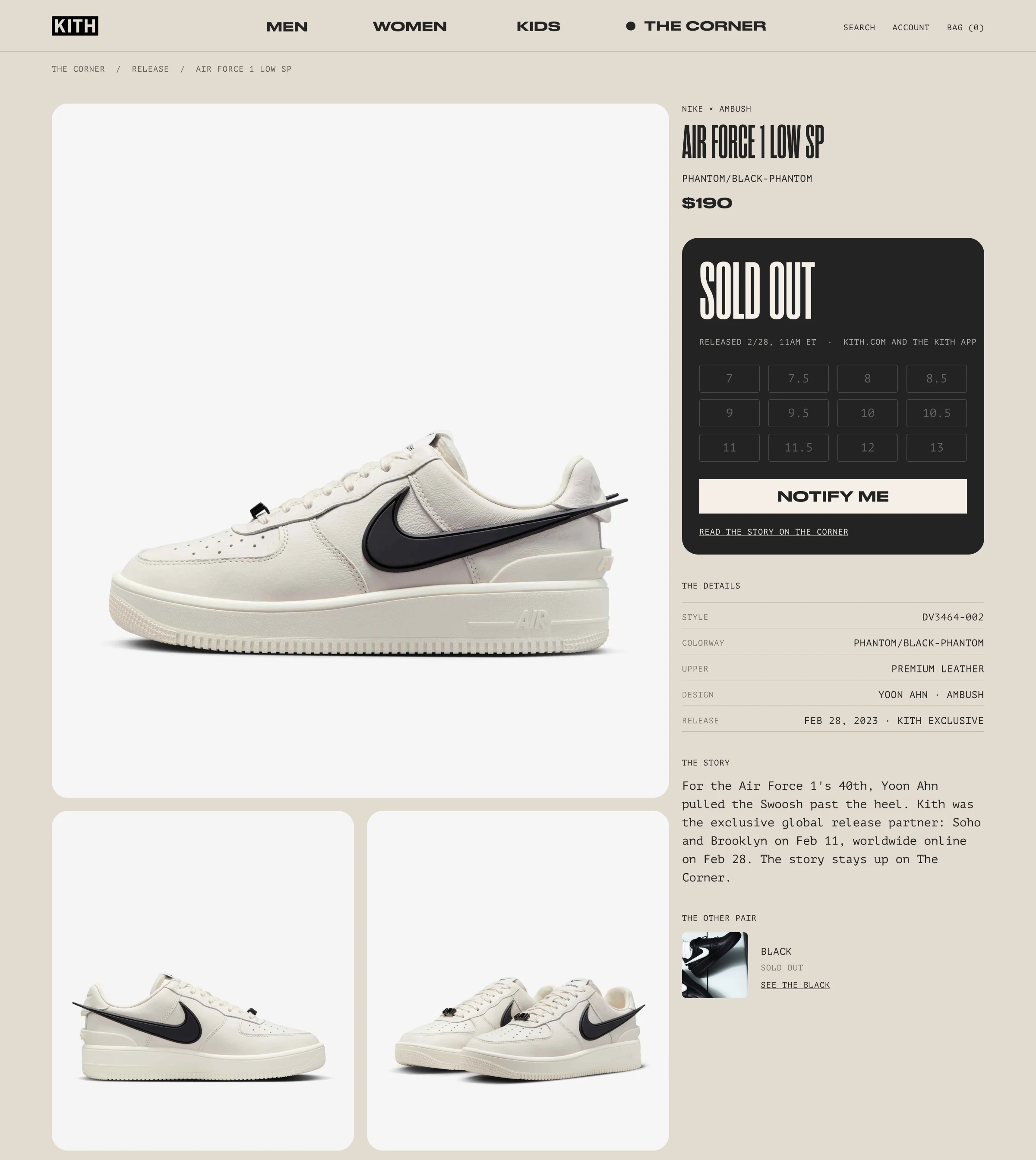 The product page for the Nike × AMBUSH Air Force 1 Low SP in Phantom after the drop: a gallery of the shoe on the left, and on the right the name, colorway and $190, an ink card reading SOLD OUT with the release line, dimmed sizes, NOTIFY ME and a link to read the story on The Corner, then the details, the story and the other pair