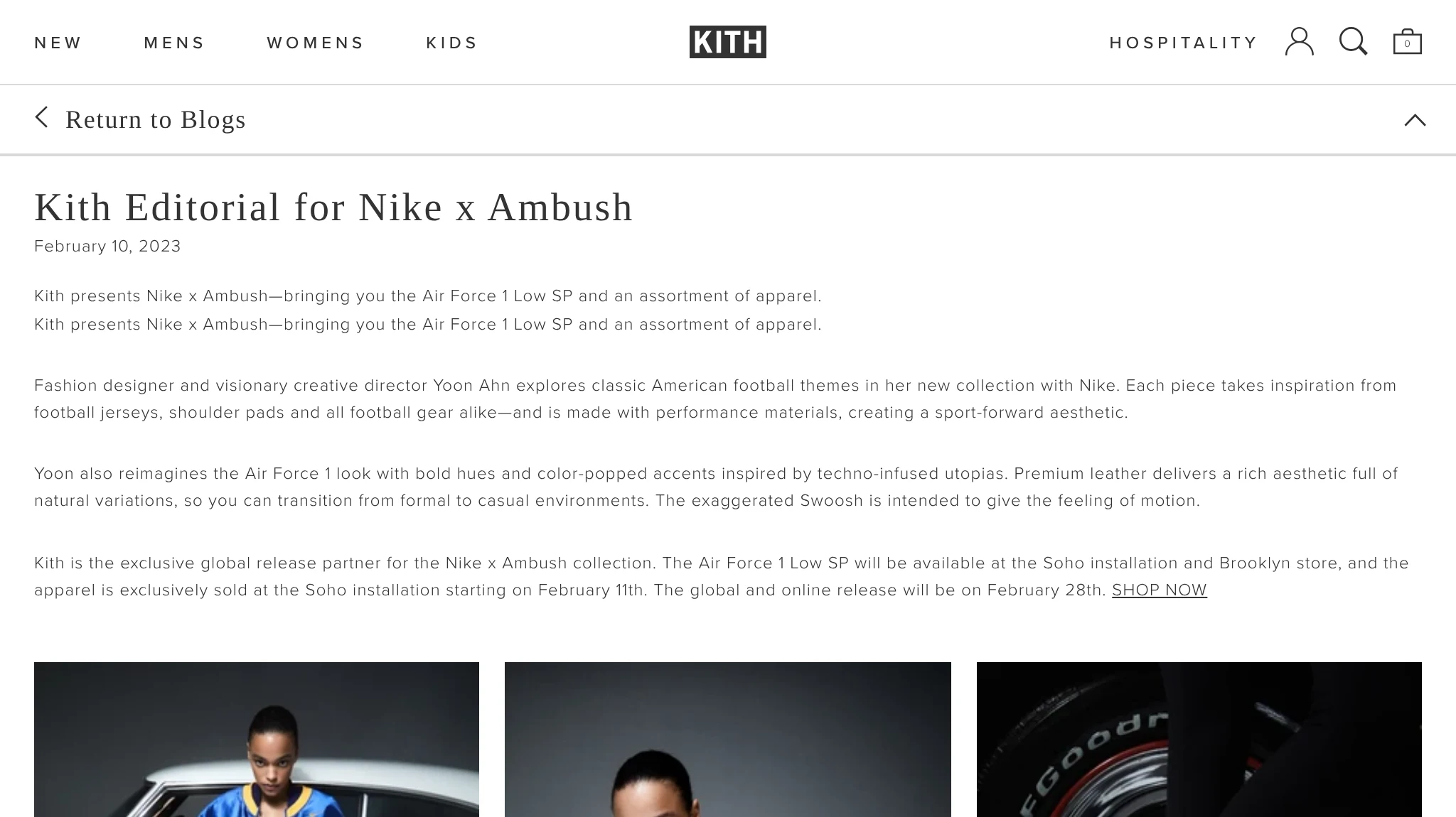Kith.com’s post Kith Editorial for Nike x Ambush, dated February 10, 2023, as it read in October 2026: a small serif title, four paragraphs in small type, the last ending The global and online release will be on February 28th. SHOP NOW, and the top of the photo grid