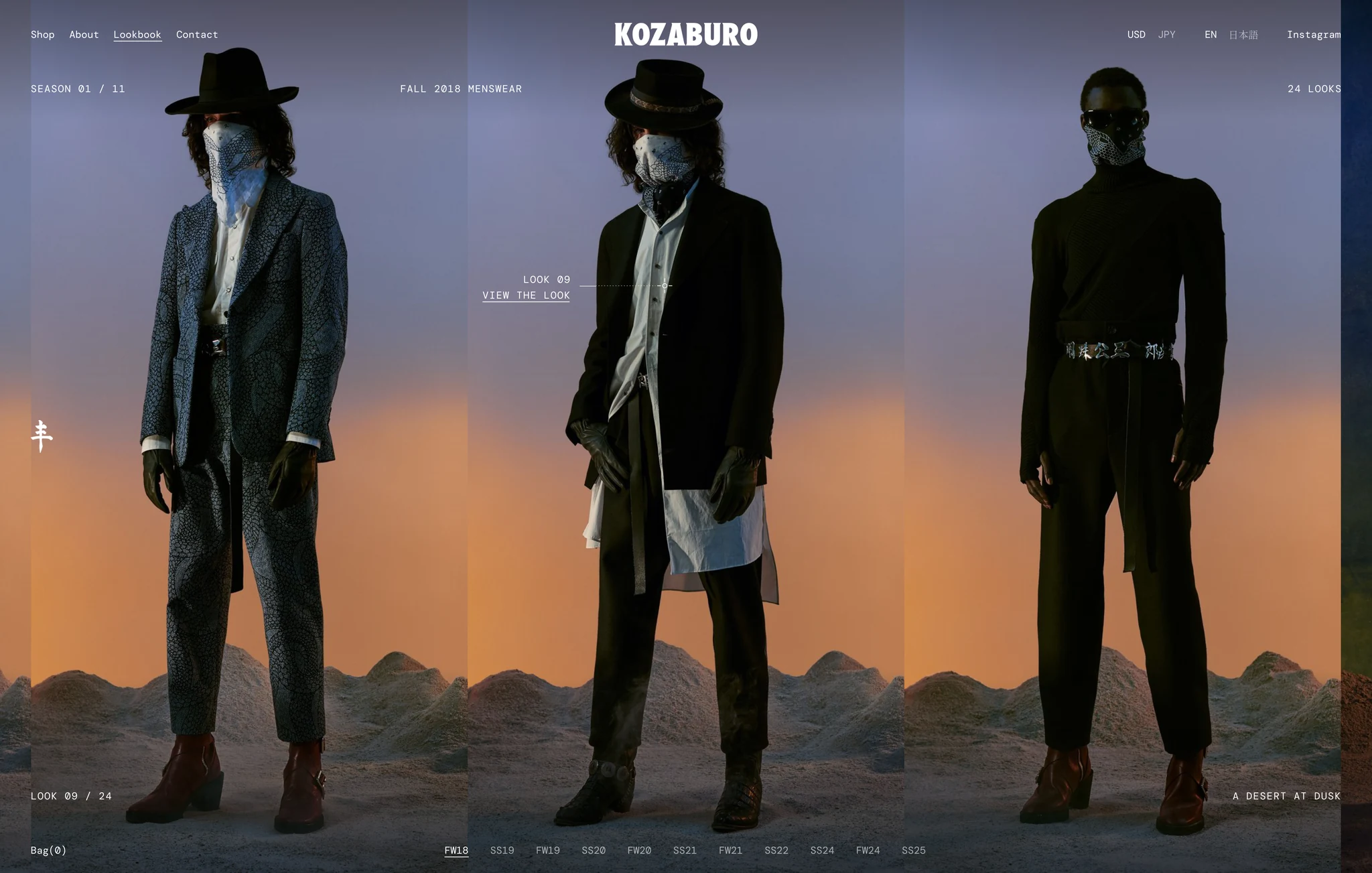 KOZABURO archive on desktop: Fall 2018 looks 8, 9 and 10 run full bleed and edge to edge on their dusk sky over pale desert mounds: a masked man in a patterned suit and a black hat, a masked man in a black hat and a long black jacket over a white shirt, and a man in a black turtleneck and trousers. White mono type in fixed places: Season 01 / 11, Fall 2018 Menswear, 24 looks, Look 09 / 24 and A desert at dusk. Look 9 is credited on him, a mark on his chest and a leader to Look 09, View the look. The nav, the logo, the seal, Bag(0), and the season codes along the foot, FW18 underlined.
