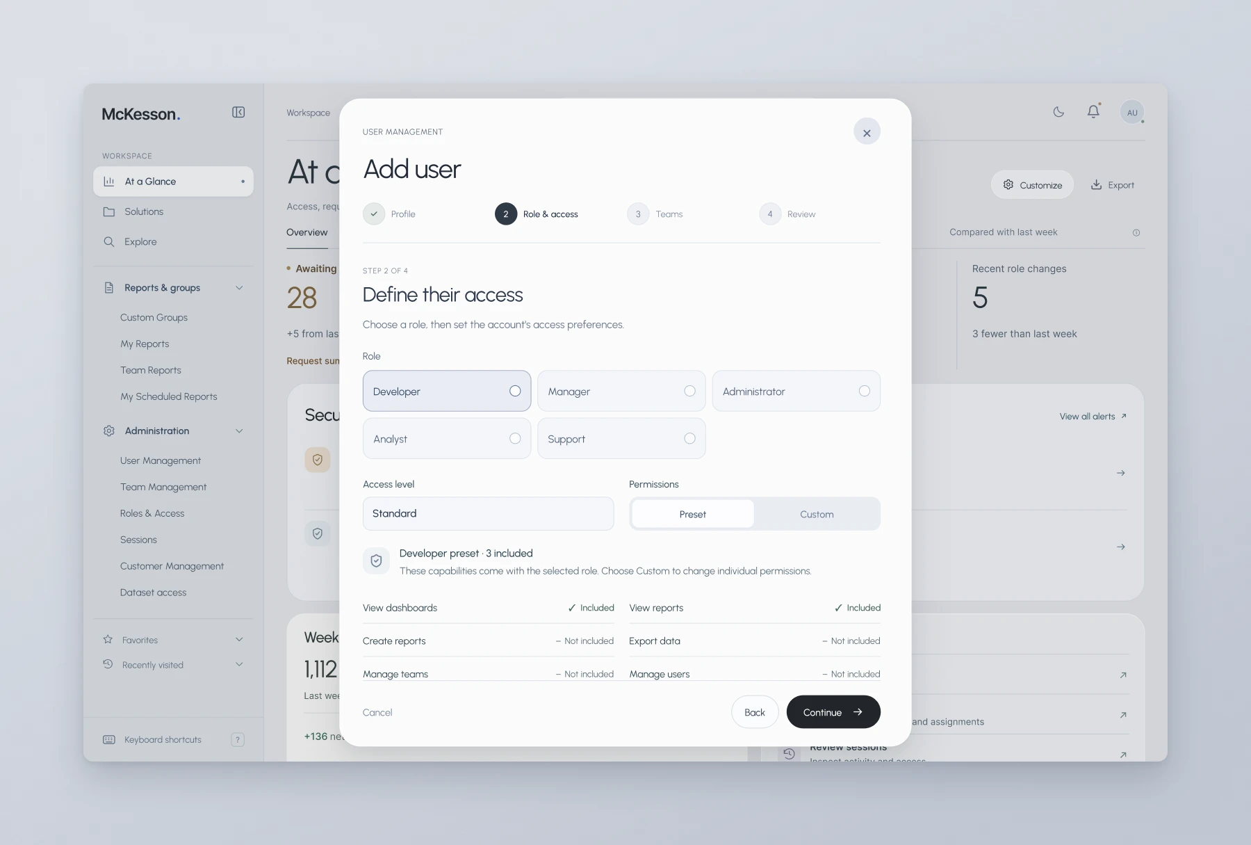 McKesson add user role and access step with a preset listing included and excluded capabilities