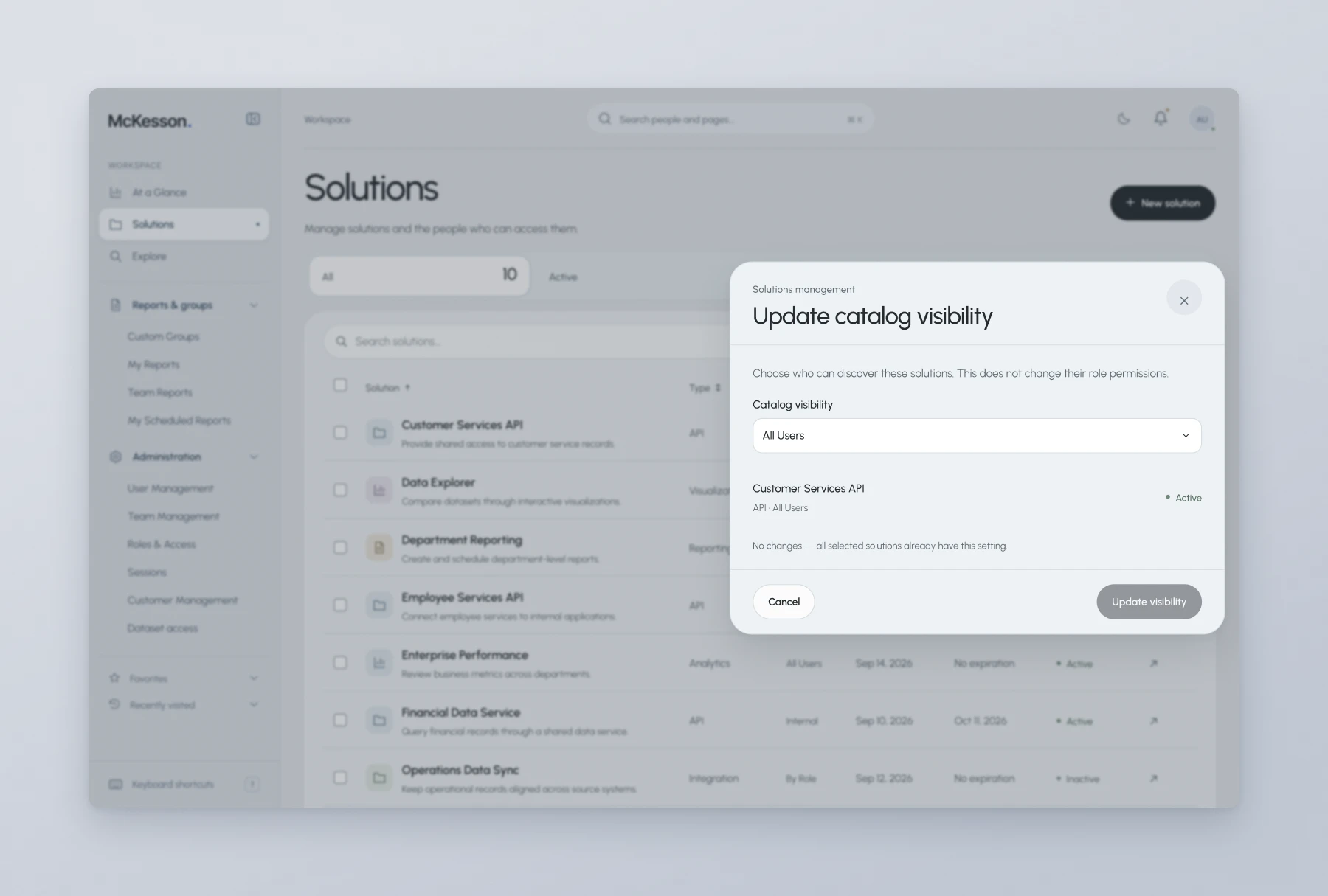 McKesson update catalog visibility dialog for selected solutions