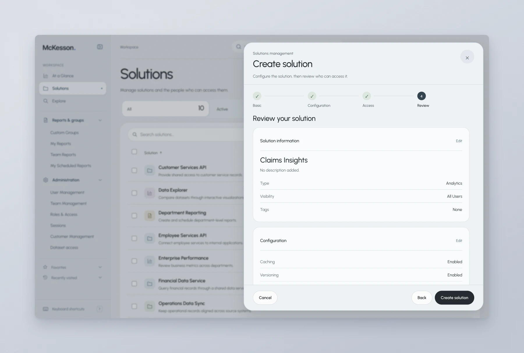 McKesson create solution review step grouping information, settings, and role access