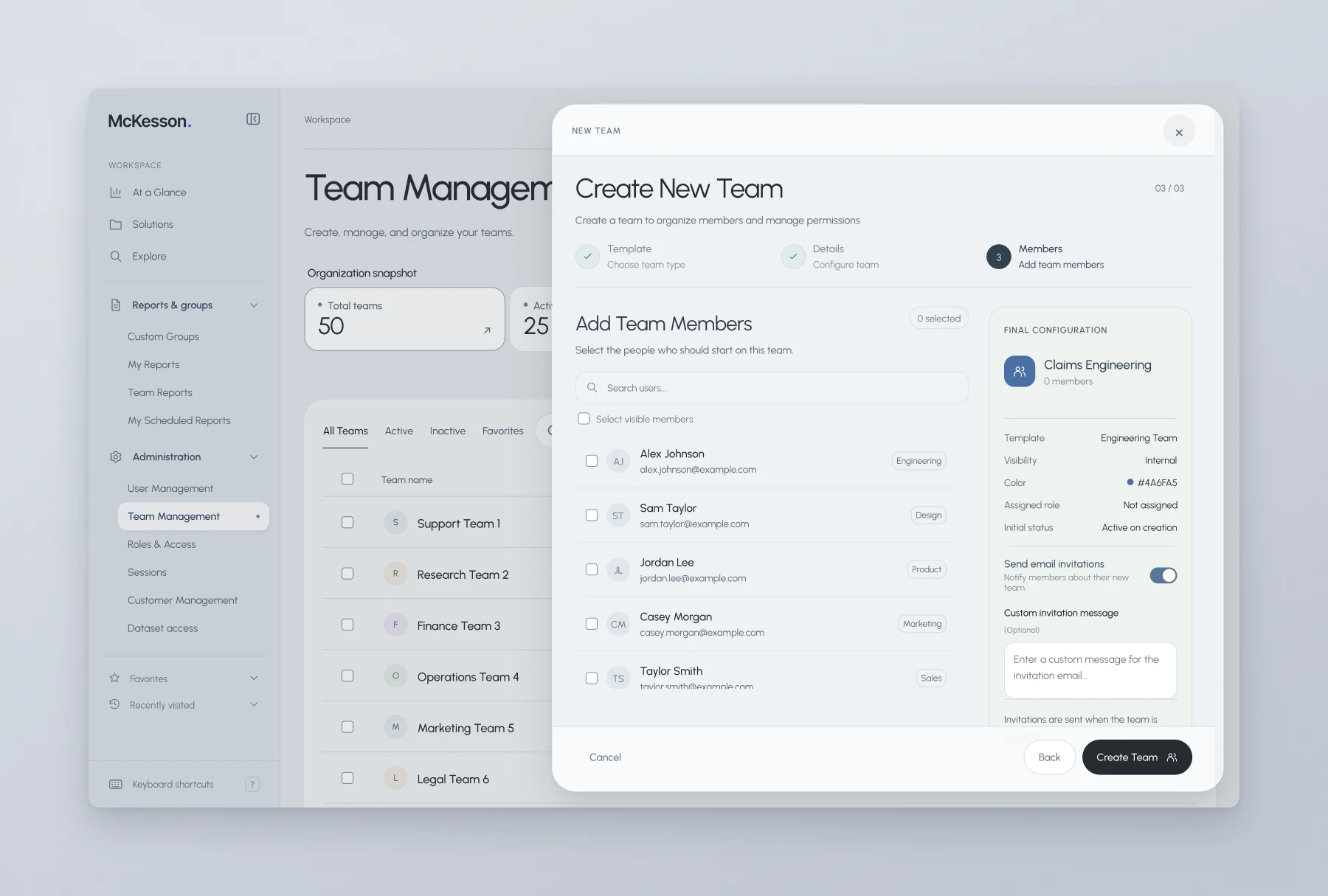 McKesson new team members step with member selection beside a configuration summary