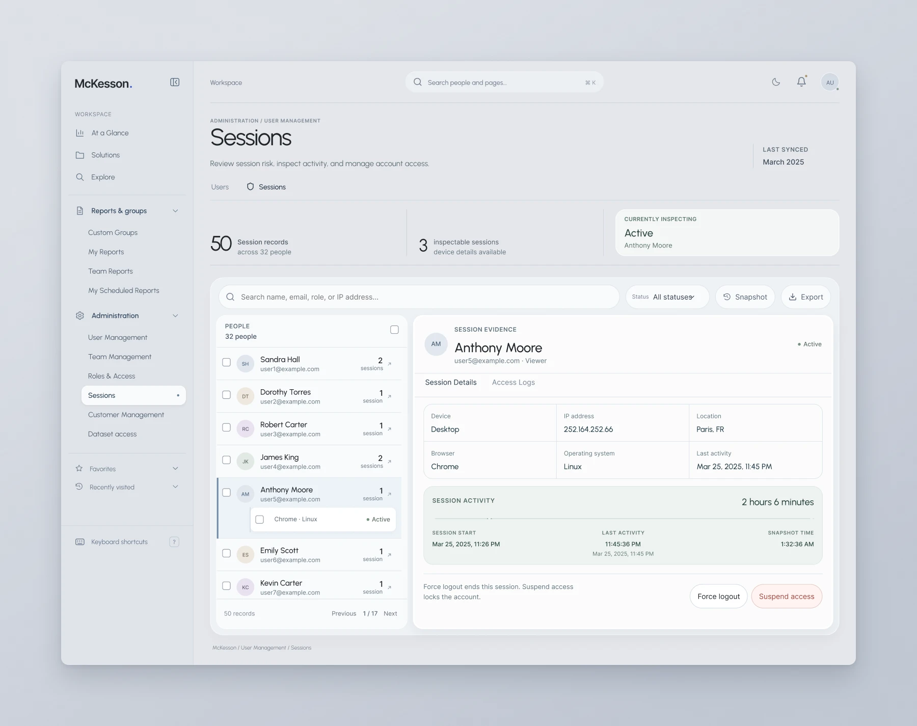 McKesson Sessions page with session evidence for a selected person