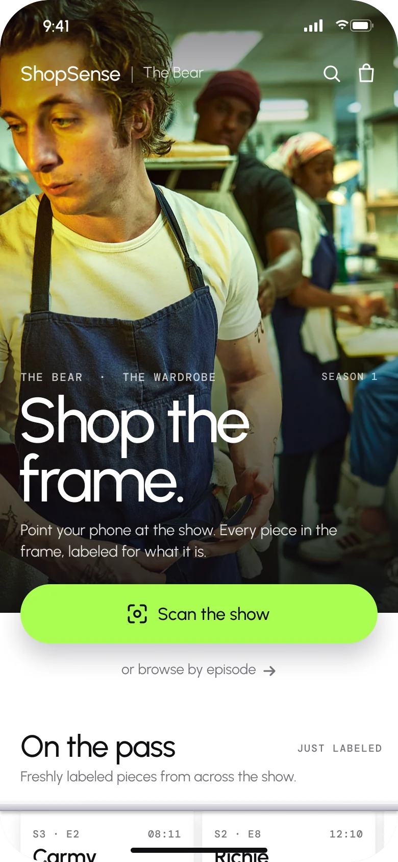 Storefront home: Shop the frame, with Scan the show as the main action, browsing by episode as the fallback, and the first tickets on the pass below, starting with Carmy