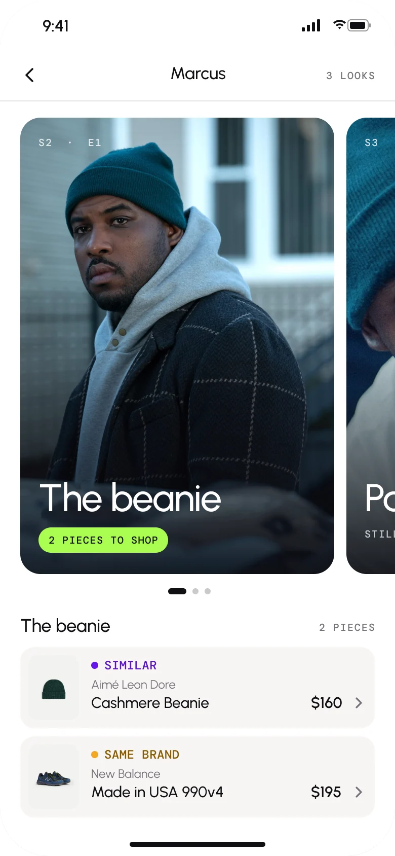 Storefront lookbook: Marcus’s three looks. The beanie has two pieces to shop, the Aimé Leon Dore cashmere beanie labeled Similar and New Balance 990v4 sneakers labeled Same brand; the next two looks, Pastry chef and Blue apron, are still being matched