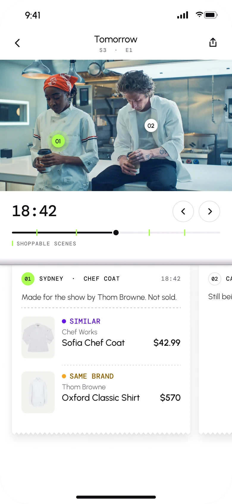Storefront scene page: Season 3, Episode 1 paused at 18:42, with hotspots on Sydney’s coat and Carmy’s jacket, the shoppable scenes marked on the episode, and a ticket per garment: Sydney’s coat, made for the show by Thom Browne and not sold, with the Chef Works coat labeled Similar and a Thom Browne shirt labeled Same brand, and Carmy’s jacket still being matched