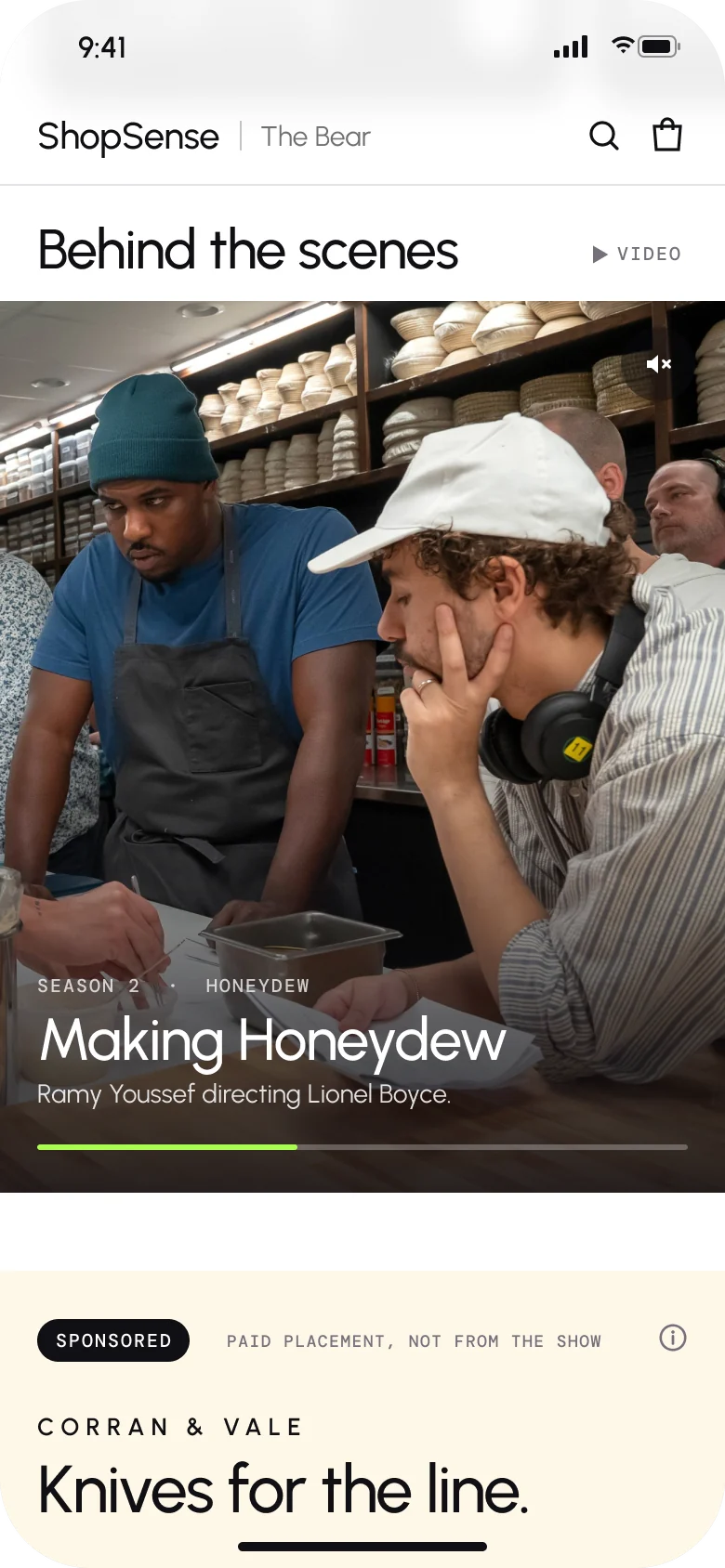 Storefront behind the scenes: a video module that plays as the page scrolls, here a set photo of Ramy Youssef directing Lionel Boyce on Honeydew, Season 2