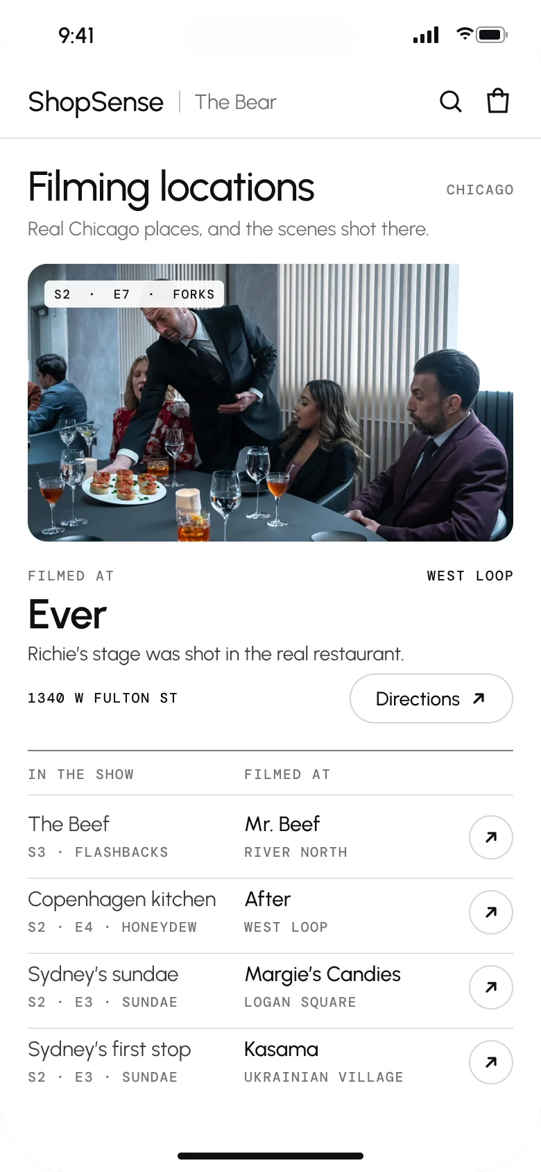 Storefront filming locations: Ever, where Richie’s stage in Forks was shot in the real restaurant, with its address and directions, then a list pairing scenes with the Chicago places they were filmed: The Beef with Mr. Beef, the Copenhagen kitchen with After, Sydney’s sundae with Margie’s Candies, and Sydney’s first stop with Kasama