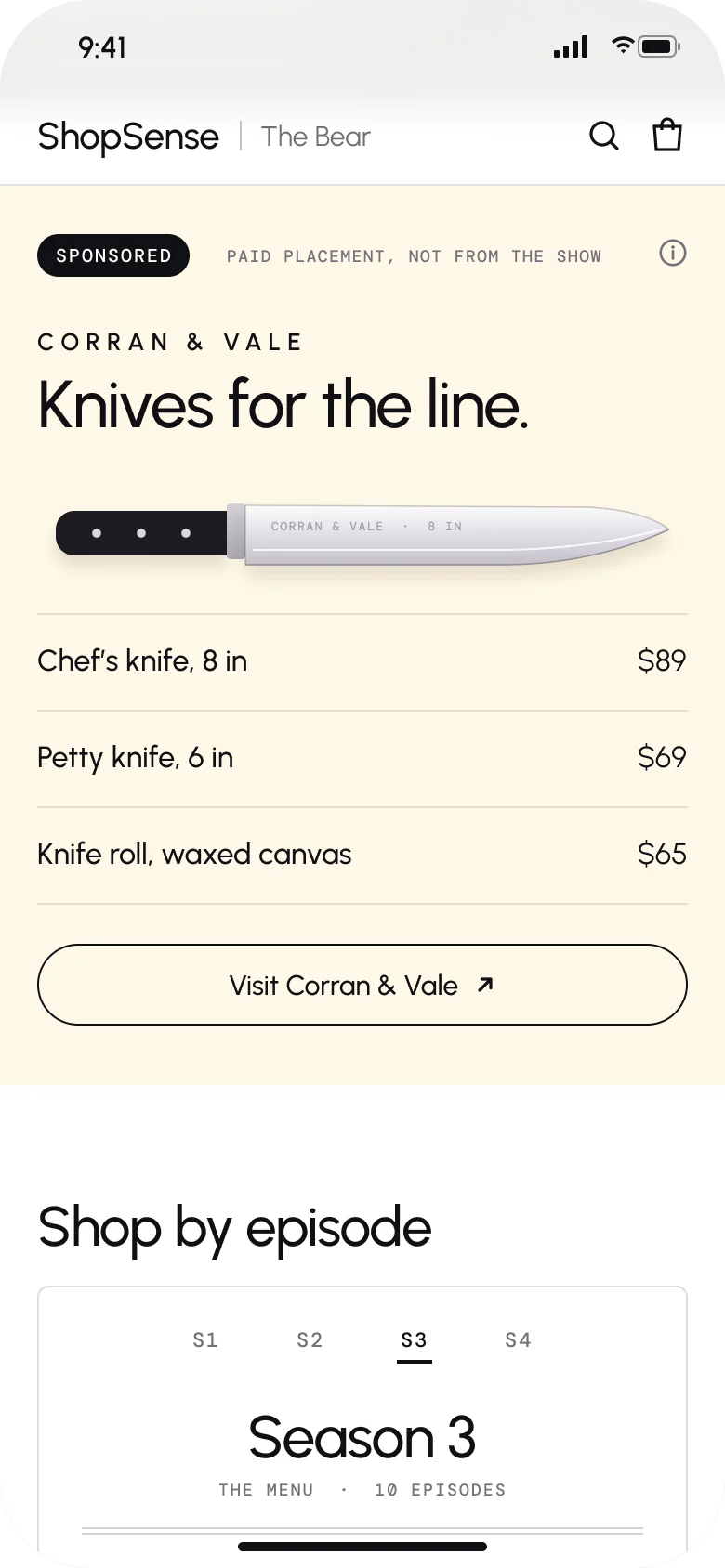 Storefront: the sponsored lane on its own background, marked as paid placement and not from the show, with a drawing of a chef’s knife and three priced pieces from a knife maker, above Season 3’s episodes laid out as a tasting menu
