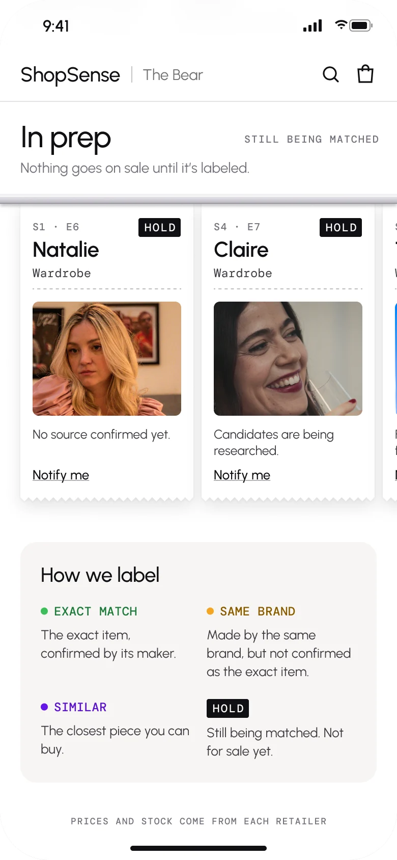 Storefront In prep: nothing goes on sale until it’s labeled. Natalie’s and Claire’s wardrobe show as tickets marked HOLD, each saying why it’s waiting, with Notify me, above the key to the three labels and HOLD
