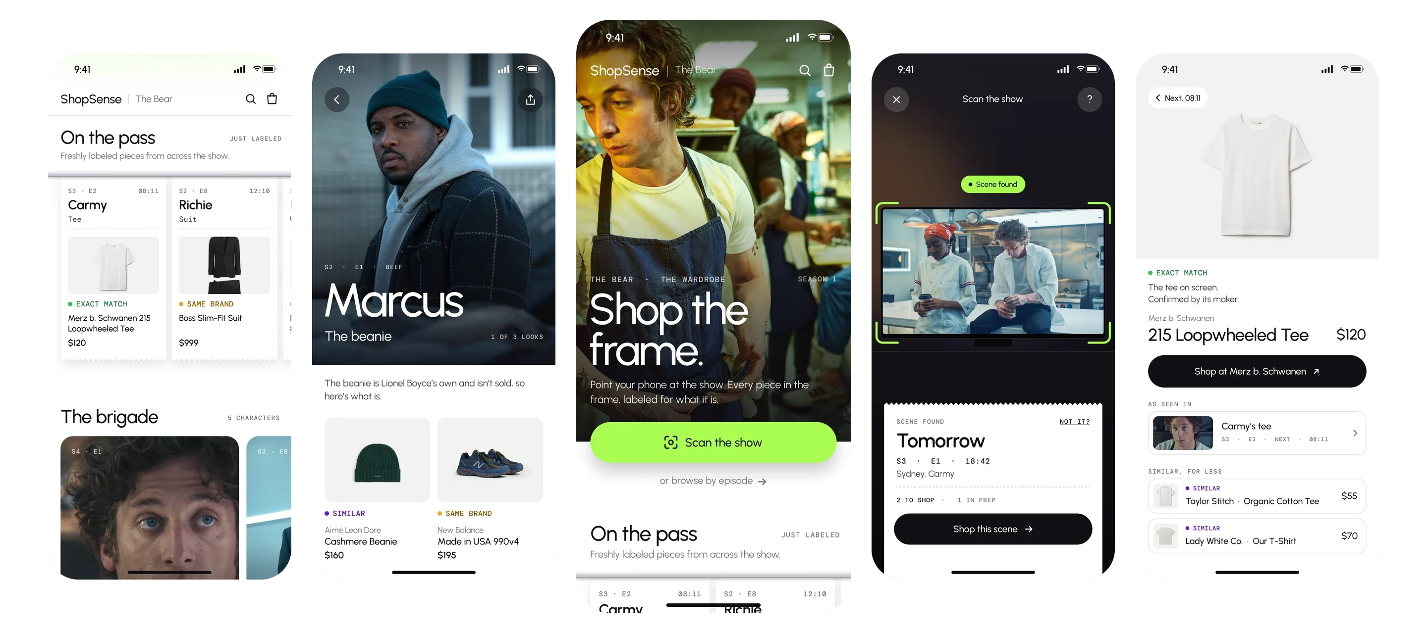 Five storefront screens side by side: tickets on the pass, led by Carmy’s tee labeled Exact match, Marcus’s look with his beanie and sneakers, the top of the store, the lens finding a scene and printing its ticket, and the product page for Carmy’s tee, labeled Exact match, with similar tees for less