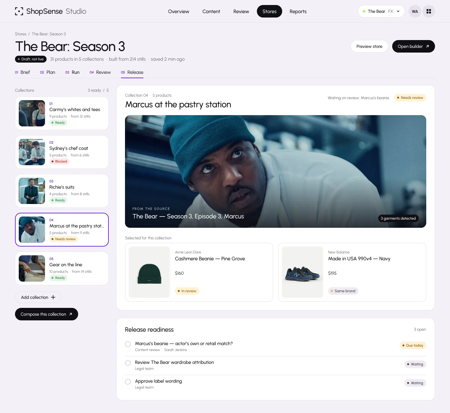 ShopSense Studio collections for The Bear: Season 3, a draft that isn’t live: five collections, three ready, Sydney’s chef coat blocked, and Marcus at the pastry station selected, its Season 3 still beside the Aimé Leon Dore beanie in review and the New Balance 990v4 labeled same brand, with three items open before release