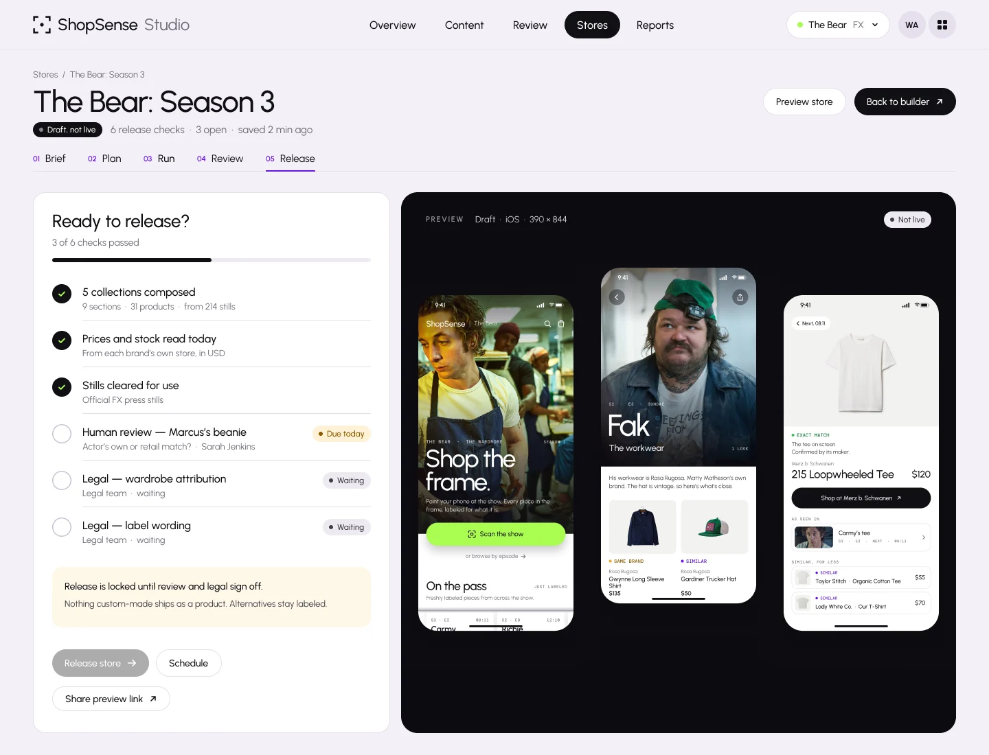 ShopSense Studio release checks for The Bear: Season 3: three of six passed, with human review of Marcus’s beanie and legal sign-off on wardrobe attribution and label wording still open, release locked until they clear, and a preview of the store: the home page, Fak’s look and the product page for Carmy’s tee
